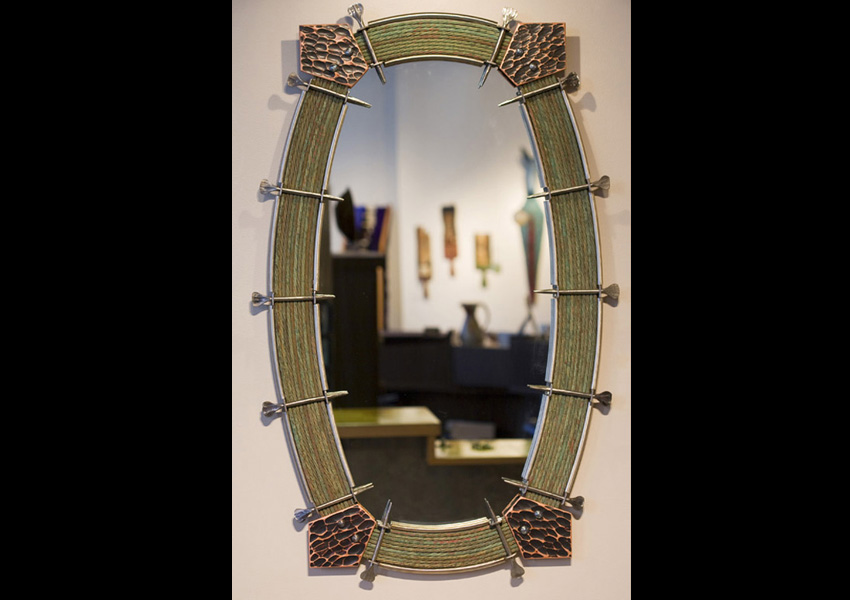 'Aboriginal' mirror — forged iron, stainless, hammered copper, powerline cable, 44&rdquo;