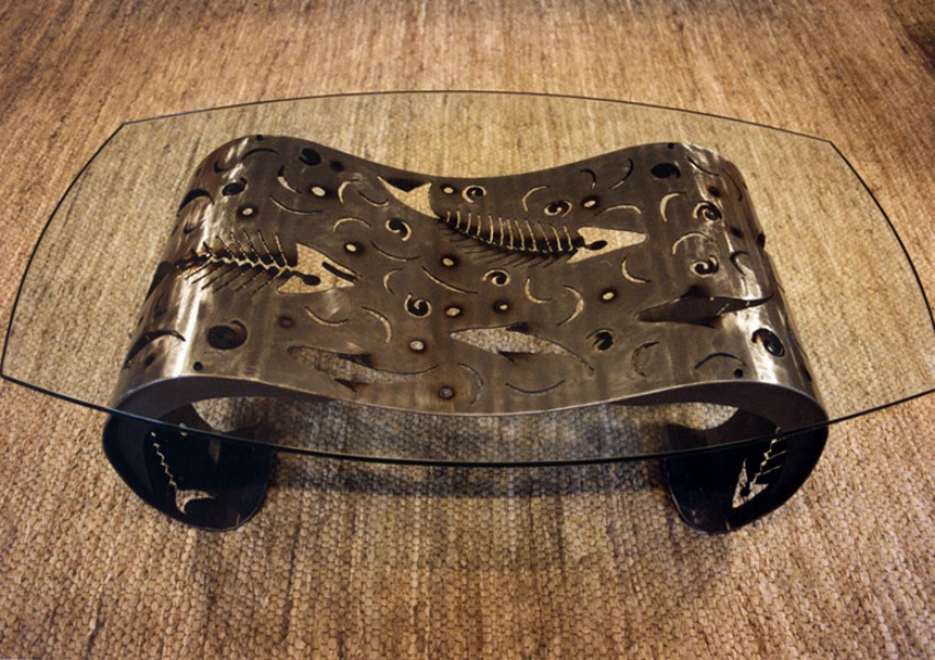'Fossil Flow' — steel, glass, 48&rdquo;