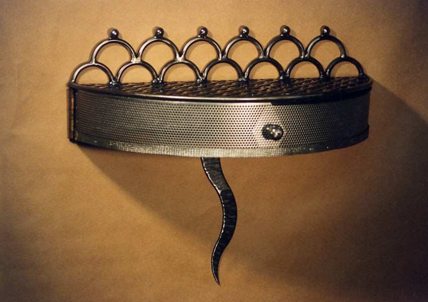 'Foyet Shelf with Hinged Compartment' — steel, aluminium, wood, 24&rdquo;
